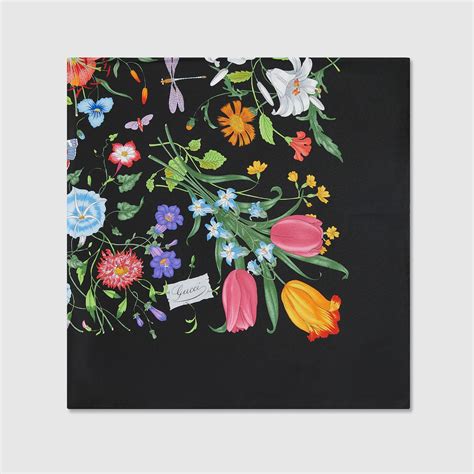 Pañuelo cuadrado de sarga de seda estampada en negro y multicolor ...