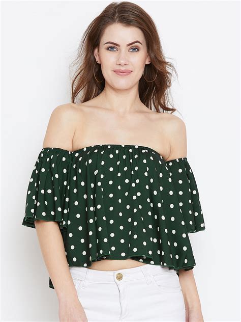 Berrylush Women Green & White Polka Dot Printed Off-Shoulder Neck Ruff