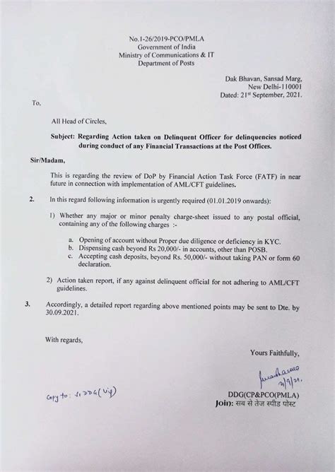 Implementation of AM/CFT Guidelines | DOP Letter dated 21.09.2021