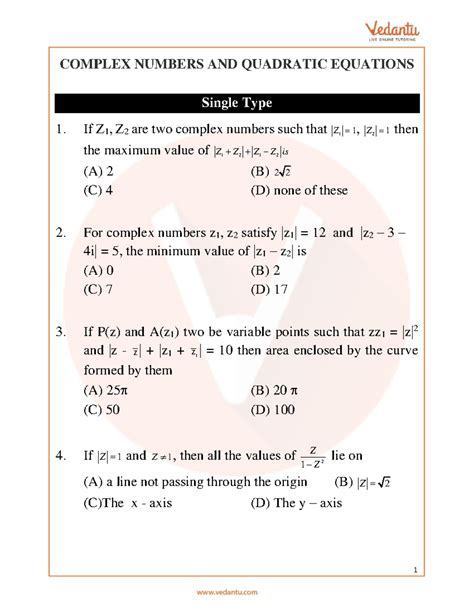 JEE Main Complex Numbers and Quadratic Equations Important Questions ...