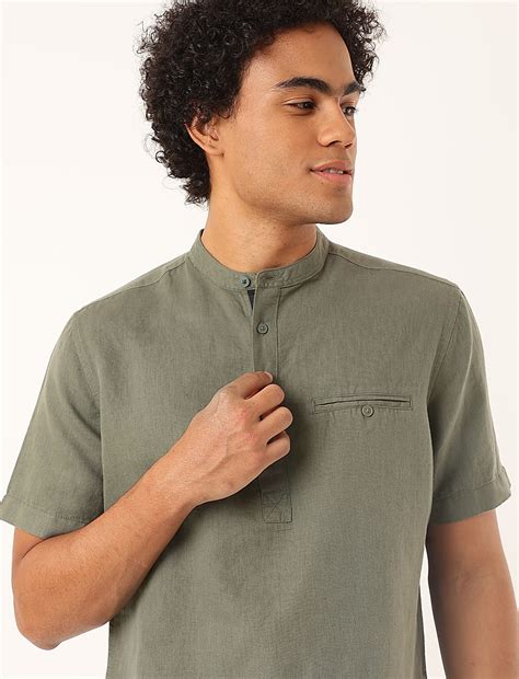 Buy Linen Mix Plain Mandarin Collar Shirt at Marks & Spencer