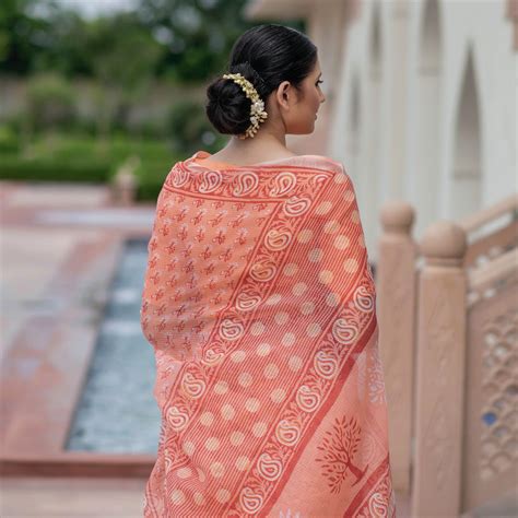 Kota Doriya Block Printed Saree In Peach