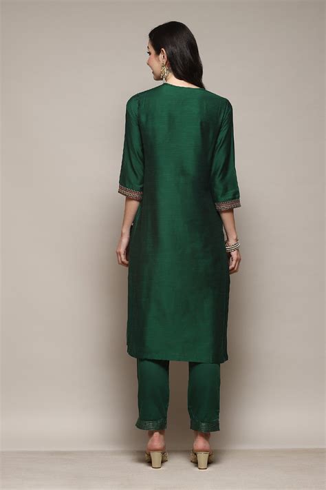 Green & Red Poly Viscose Straight Kurta Slim Pant Suit Set at Biba India