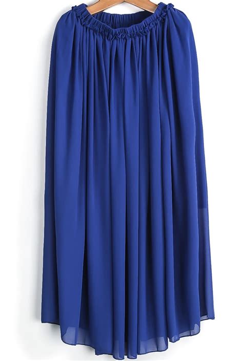 Blue Elastic Waist Pleated Chiffon Skirt -SheIn(Sheinside)