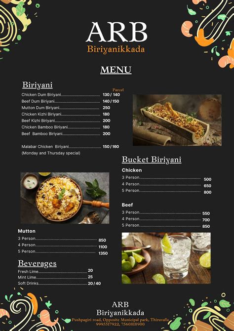 Menu at ARB Biriyanikada, Thiruvalla