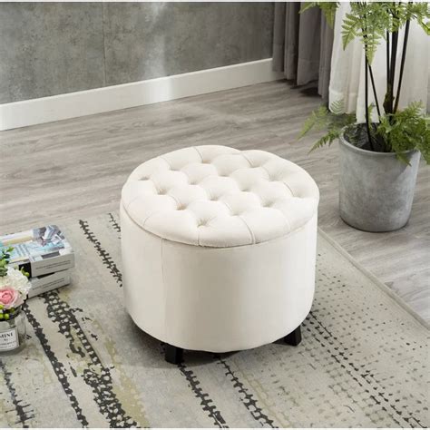 Wide Velvet Tufted Round Storage Ottoman – Wooden Crest