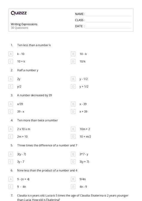 50+ Writing Expressions worksheets for 8th Class on Quizizz | Free ...