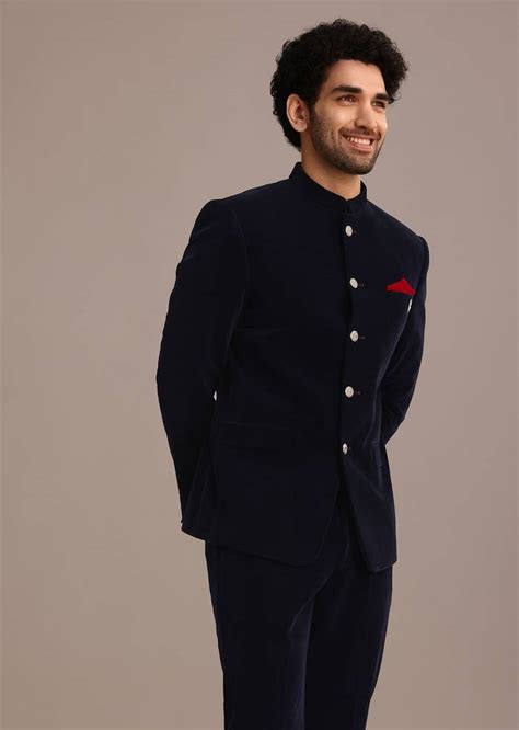 Blue Jodhpuri Suit In Velvet With Pocket Square