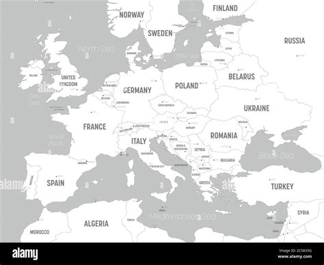Europe map - white lands and grey water. High detailed political map of european continent with ...