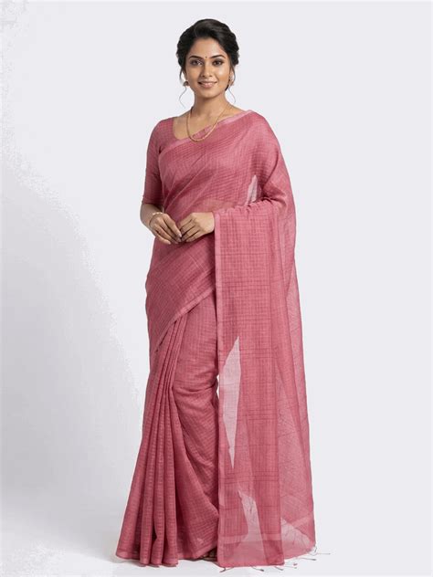 Elegant Onion Pink Handloom Cotton Saree with Subtle Grid Texture ...
