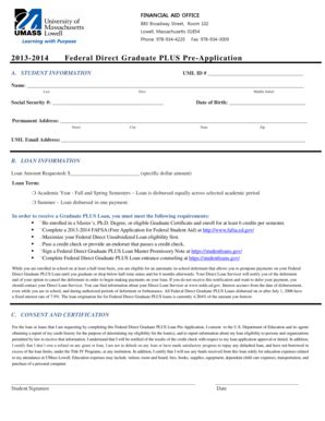 Fillable Online uml 2013-2014 Federal Direct Graduate PLUS Pre ...