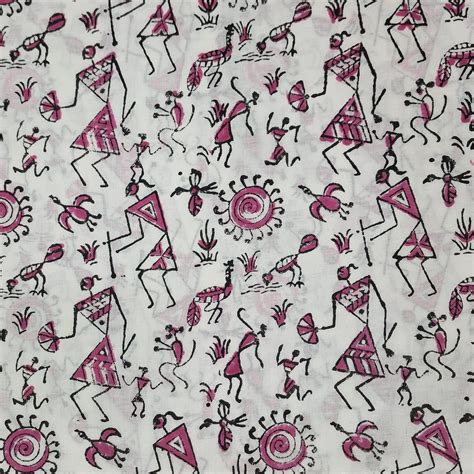 Pure Cotton Jaipuri White With Pink Warli Hand Block Print Fabric ...
