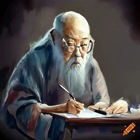 Aquarel painting of a wise chinese man writing at his desk on Craiyon