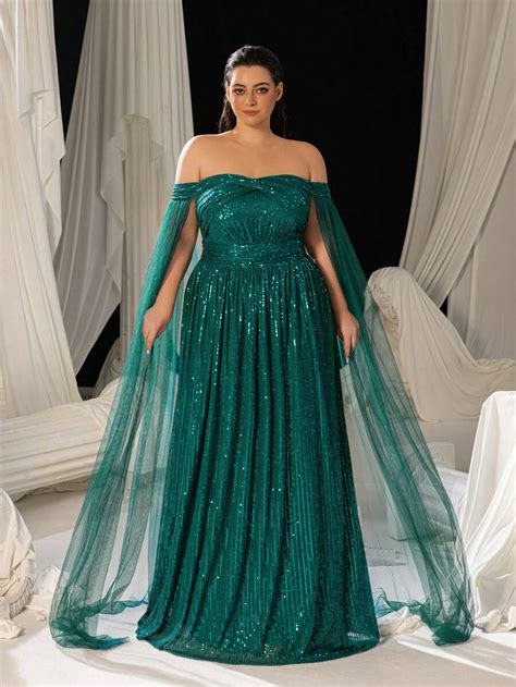 Faeriesty Plus Off Shoulder Cape Sleeves Sequin Formal Prom Dress ...