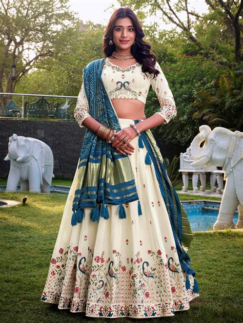 Off-White Khadi Cotton Sequins Embroidered Lehenga Choli with Blue Dup ...