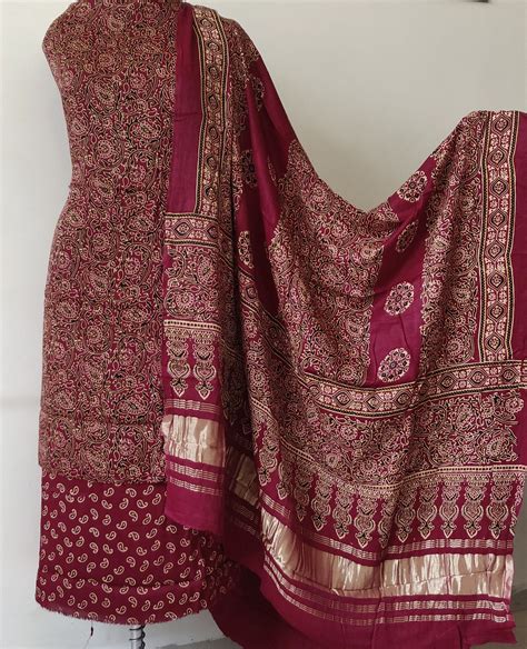 Maroon Modal Silk Ajrakh Hand block printed 3 piece dress material