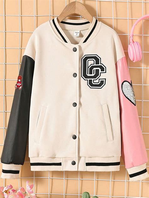 SHEIN Adolescent Fille Veste Universitaire Imprimé Lettre À Ourlet À ...