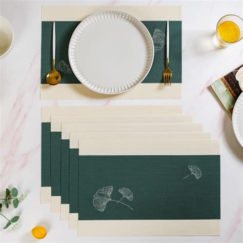 Ginkgo Deep Green Table Mat Set Of 6 Online - Premium Table Mat | Nestasia