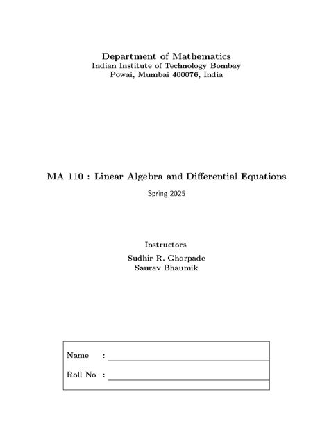 MA 110 Linear Algebra & Diff Eqns: Syllabus & Tutorial Sheets Part 1 ...