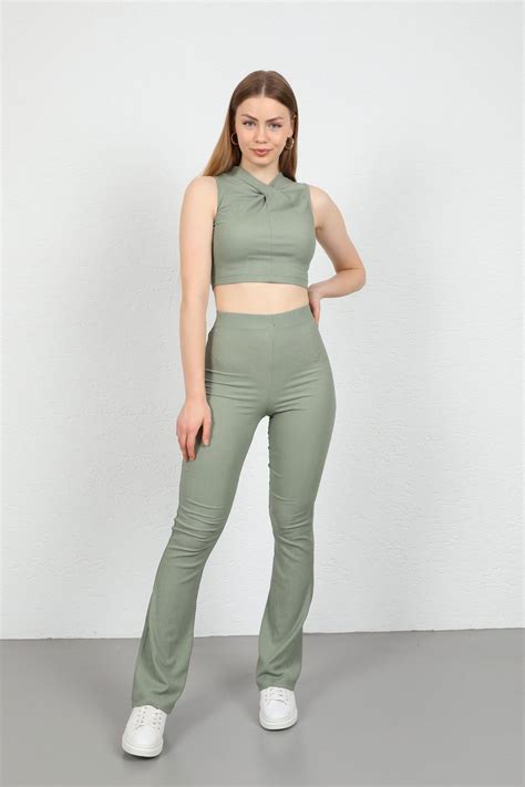 Ocean Mesh Fabric Women Pants-Khaki