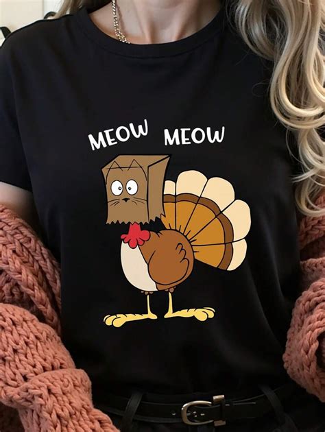 Flirla Thanksgiving Turkey Print Casual Crew Neck T-Shirt, Plus Size ...