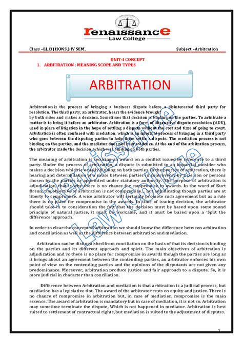 LL.B (HONS) IV SEM Arbitration - Lecture Notes Overview (Units 1-20 ...