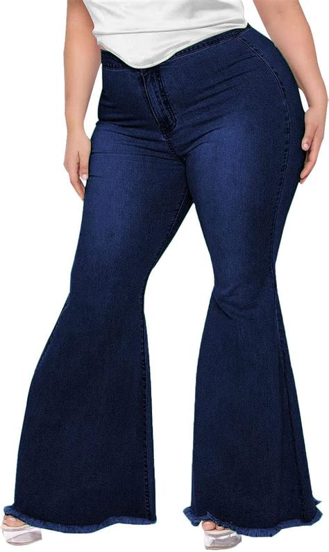 Buy HannahZone Womens Ripped Bell Bottom Plus Size Jeans Elastic Waist ...