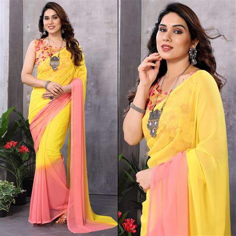 Yellow & Pink Ombre Printed Georgette Ready To Wear Saree