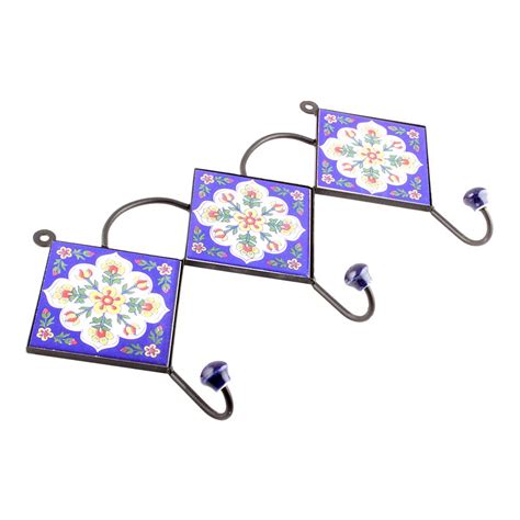 Navy Blue Leaf Floral Ceramic Tiles Hooks