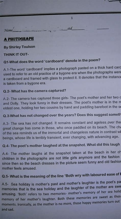 [Expert Answer] A PHOTOGRAPH (by Shirley Taulson) Class 11 RTC : 1. At ...