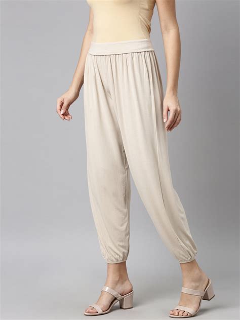 Women Solid Light Beige Mid Rise Harem Pants