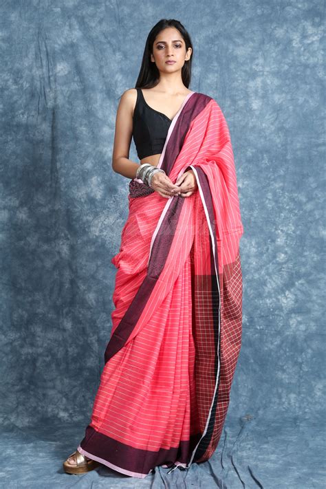 Allover Stripes Rough Pink Handloom Saree - Charukriti