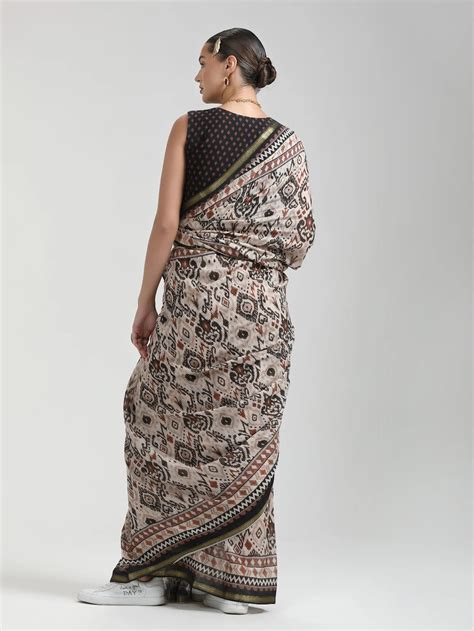 Shop Beige & Black Viscose Mul Liva Digital Printed Saree | Dungrani