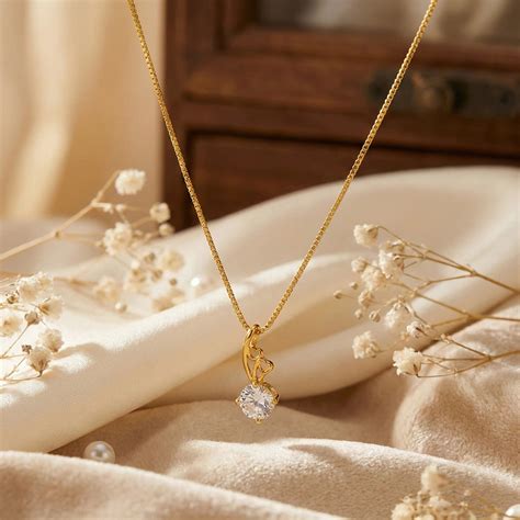 Gold Plated Dainty Round Cut Cubic Zirconia Drop Pendant with Neck Cha ...