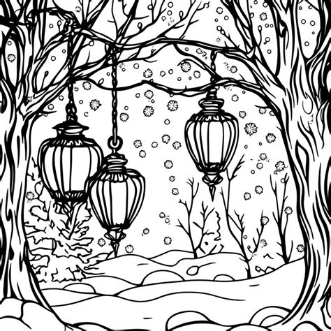 A black and white drawing of a winter scene with lanterns | Premium AI ...