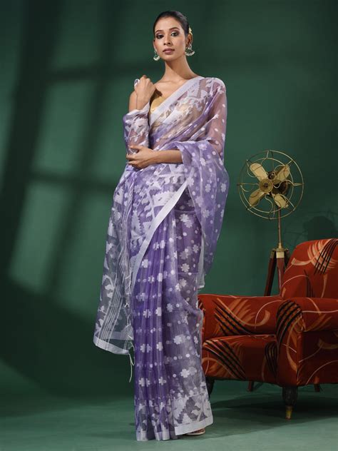 Violet Muslin Handwoven Saree With Jamdani Designs – Charukriti