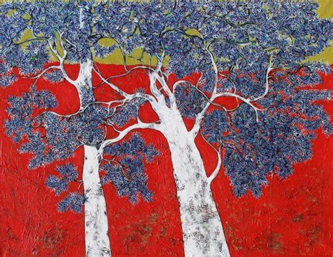 "Treescape 3": Red Acrylic Painting (36x48) by Bhaskar Rao | ArtZolo.com