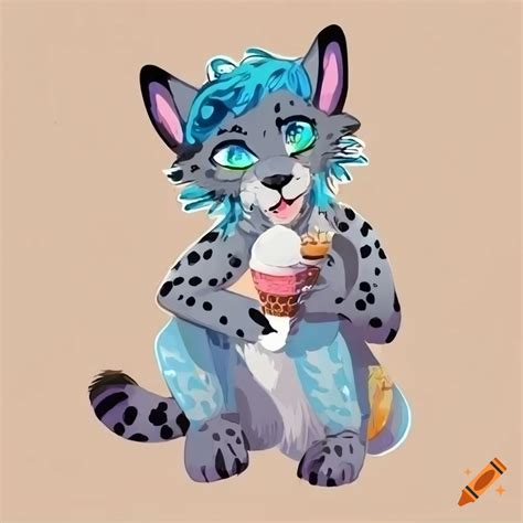 Digital art of a snow leopard furry enjoying ice cream on Craiyon