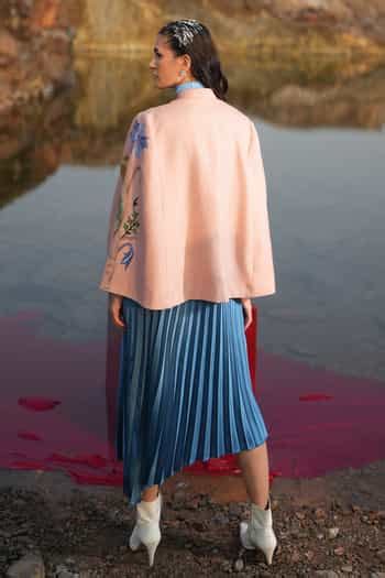 Buy Pink Mandarin Collar Cashmere Wool Cape For Women by Neiza By Neeti ...