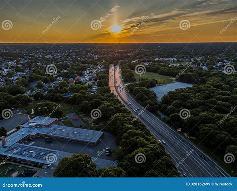Aerial View of the Southern State Parkway at Sunset in Valley Stream ...