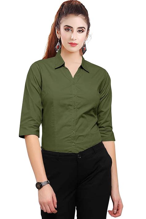 Buy Women Formal Georgette Shirt (Large, Olive Green) at Amazon.in