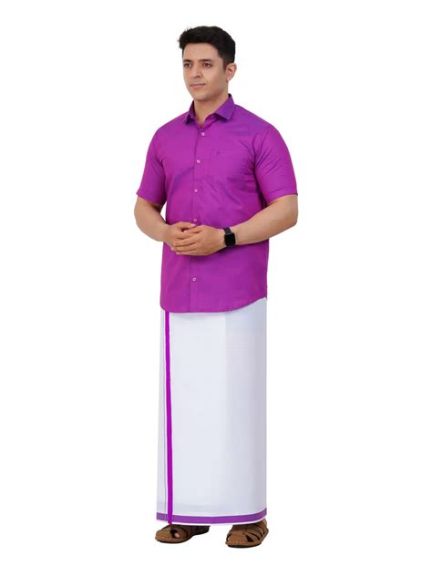 Readymade Half Sleeve Violet Colour Shirt and Matching Border Dhoti Set