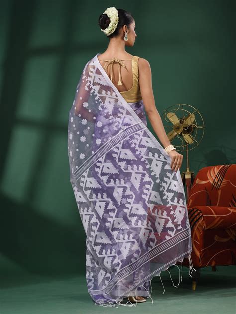 Violet Muslin Handwoven Saree With Jamdani Designs – Charukriti