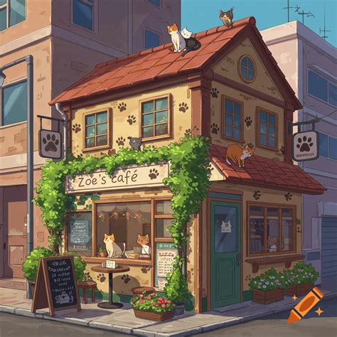 Cozy cottage cafe with cats, greenery, and 'Zoe's Cafe' sign in the ...