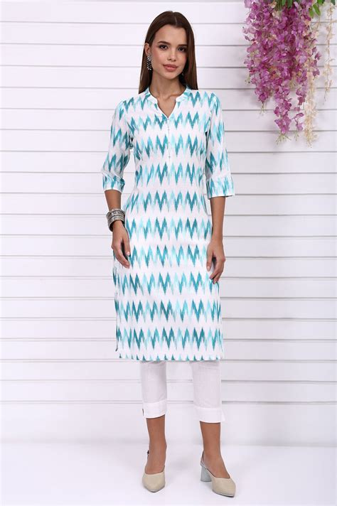 Buy White Geometric Printed Cotton Rayon Straight Kurta Online for ...