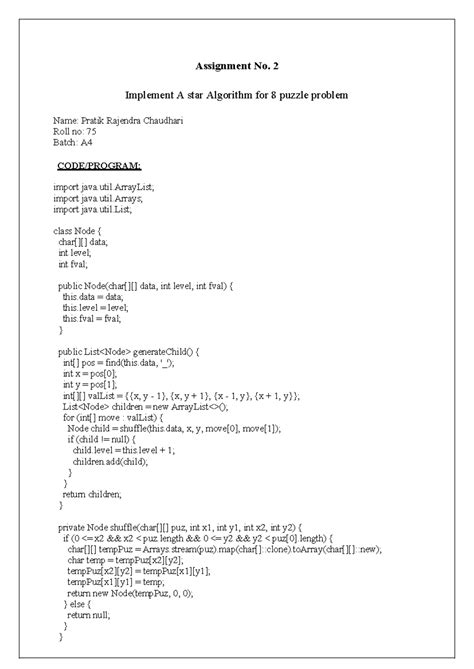 AI ASS-2 (JAVA) - sass - Assignment No. 2 Implement A star Algorithm ...