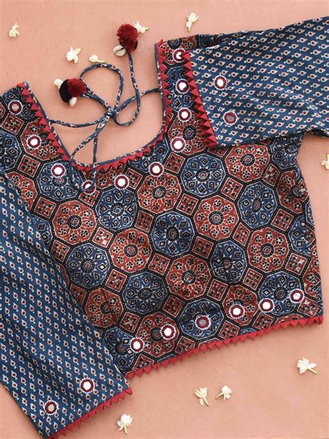 Blue Ajrakh hand block printed Kutch mirror work blouse