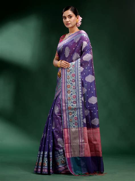 Violet Silk Handwoven Soft Saree With Nakshi Border – Charukriti