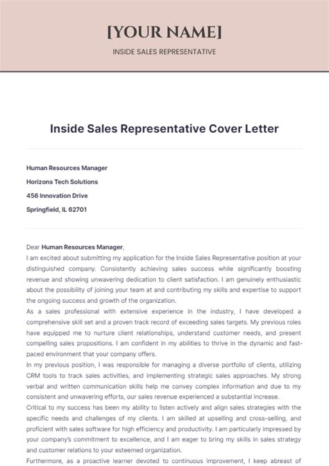 Free Inside Sales Representative Cover Letter Template to Edit Online