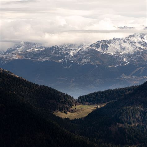 Download wallpaper 3415x3415 mountains, forest, trees, clouds, valley ...